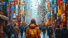  A Person In A Yellow Jacket Is Walking Down The Street In A Crowded City With Balloons All Over The Street And People Walking Down The Street In The Street In The Distance.