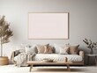 © Eduardo - Mock up frame in cozy home interior background, coastal style bedroom, A close-up view of a white canvas encased, interiors