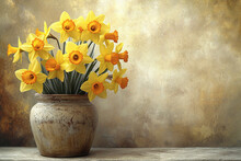 Beautiful Yellow Daffodils In A Clay Vase On A Brown Vintage Background. Copy Space.