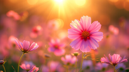 Wall Mural - Beautiful flower field with cosmos flowers in sunset lighting.