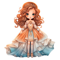 Wall Mural - Little princess in a beautiful dress, illustration clipart on a transparent background PNG in cartoon style