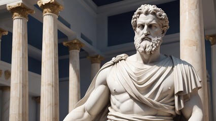 Photorealistic stoic greek marble statue in temple, Stoics and stoicism motivational and inspirational quotes