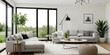 Modern living room with expansive windows offering a panoramic view, complemented by chic decor and lush indoor plants.
