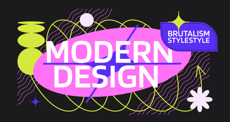 Wall Mural - Trendy brutalism style banner frames heading. Modern minimalist y2k neon graphic. simple figures and abstract graphic aesthetic retrofuturism 90s vector illustration sale or social media post design 