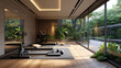 A sleek and modern home gym with state-of-the-art equipment, mirrored walls, and floor-to-ceiling windows overlooking a lush backyard garden, providing motivation and inspiration for workouts. 