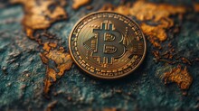 Bitcoin Coin Lies On The World Map. Generative AI