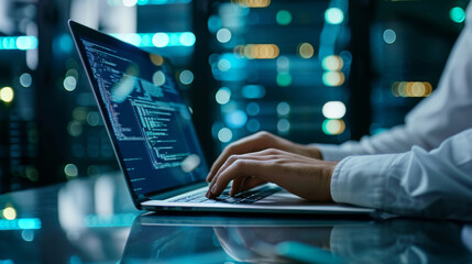 Poster - person's hands typing on a laptop with digital data streaming from the screen into a server room