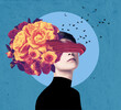 © Solarisys - Abstract contemporary art collage portrait of young woman with flowers on face hides her eyes