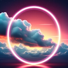 Poster - abstract background with neon circle and clouds in the sky