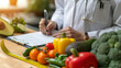 © Studio Nova - Healthcare professional, presumably a dietitian or nutritionist, with a clipboard in hand, writing notes in front of a table filled with various fresh vegetables