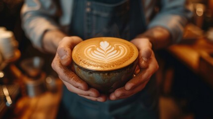 Canvas Print - A young handsome barista in a coffee shop makes a beautiful cappuccino with a pattern of a leaf shape