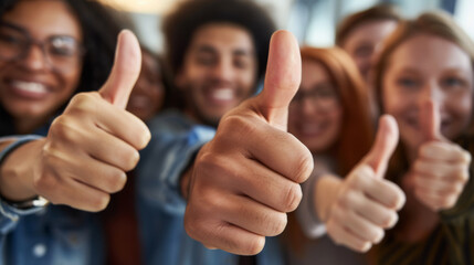 Poster - group of young diverse friends are giving a thumbs up to the camera