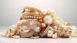 Luxury gold jewelry pile collection on a white background. Created with Generative AI