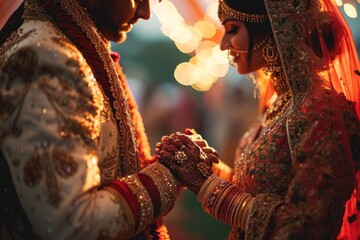 Wall Mural - Close-up of elegant Indian bride and groom holding hands during traditional Hindu wedding ceremony