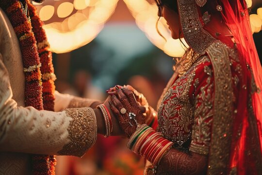 Close-up of elegant Indian bride and groom holding hands during traditional Hindu wedding ceremony