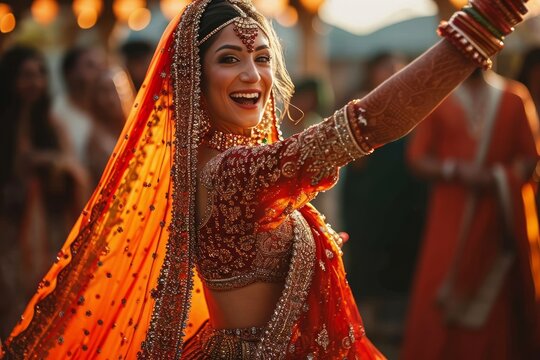 Beautiful Indian bride in traditional sari dancing and smiling during wedding ceremony