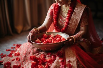 Wall Mural - Close-up of smiling Indian woman in traditional sari holding plate with fresh rose petals