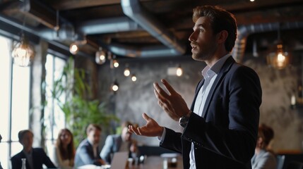 Businessman giving a motivational speech to colleagues in a stylish office space, captured in high definition.