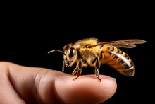 A Bee On A Human Finger Against A Black Background, Symbolizing Human-Nature Connection