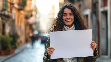  young woman holds up a blank sign in a city street