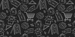 © OlivaGreen - Black friday banner template. Cyber monday seamless pattern of line icons on black background.