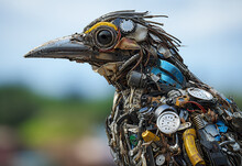 Unique Bird Sculpture Made From Upcycled Materials. Generative AI Image