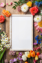 Blank Frame With Colorful Flowers On Wooden Background. Generative AI Image
