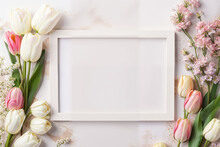 Spring Floral Arrangement With Blank White Frame. Generative AI Image