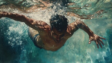 Underwater shot of a man swimming in the pool with splashes