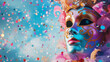Vibrant carnival masks against a backdrop of confetti-filled skies, creating a whimsical and dynamic composition with space for text