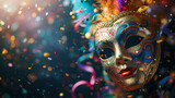 Fototapeta  - Carnival masks and confetti creating a symphony of colors and patterns, presenting a dynamic and dramatic visual story with space for text