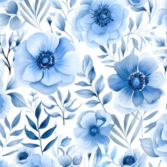  Blue watercolor botanical digital paper floral background in soft basic pastel tones
