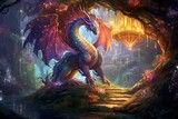 Fototapeta Dziecięca - A powerful dragon oversees a mystical realm from a floral hilltop.