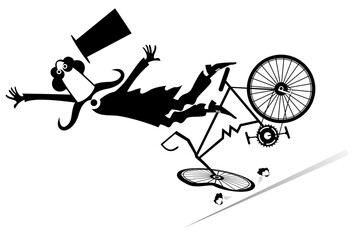 Wall Mural - Cartoon man in the top hat falling down from the bicycle. Cartoon long mustache gentleman in the top hat falling down from the bicycle. Black and white illustration