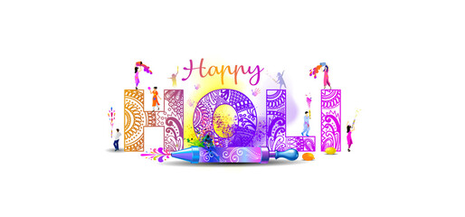 Wall Mural - Holi fun dance celebration with colorful color splash background. Indian traditional festival holi poster banner design.