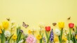 A vibrant group of flowers and butterflies is captured on a yellow background in this visually stunning image.