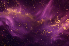Purple Liquid With Tints Of Golden Glitters, Purple Background With A Scattering Of Gold Sparkles, Magic Galaxy Of Golden Dust Particles In Red Fluid With Burgundy Tints