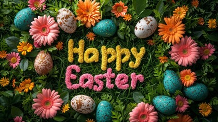 Poster - cheerful Happy Easter message beautifully adorned with flowers and eggs