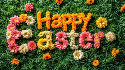 Sticker - A vibrant field of flowers displaying an uplifting message Happy Easter