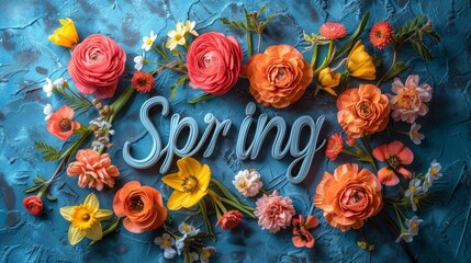 Sticker - Spring Concept with Colorful  Flowers and Typography on Blue Background