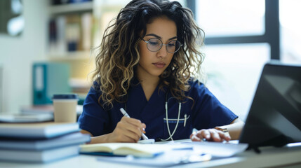 Wall Mural - female medical professional wearing scrubs and glasses, focused on writing notes in a book