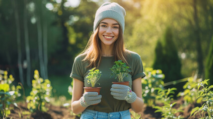 Sticker - young woman with a beanie, smiling and holding two small potted plants