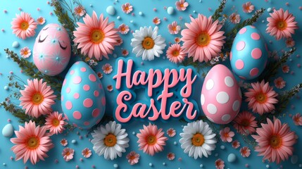 Sticker - Pink Happy Easter text on blue background adorned with pink and white eggs and daisies.