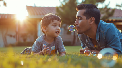 Canvas Print - joyful family is playing with soap bubbles in a sunlit park