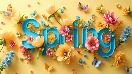 Sticker - A photo featuring the word spring surrounded by a vibrant array of colorful flowers and fluttering butterflies.