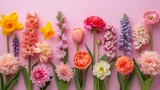 Fototapeta Storczyk - A collection of colorful flowers arranged on a smooth pink surface.