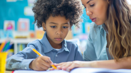 Poster - young child and an adult focused on writing in a notebook