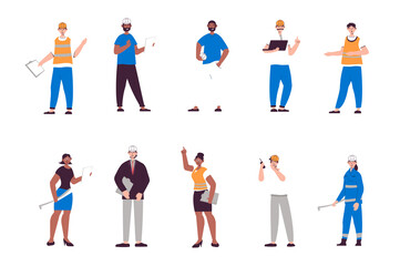 Poster - People work as engineers set in flat design. Men and women with helmets hold blueprints, architects, technician and builders. Bundle of diverse characters. Illustration isolated persons for web
