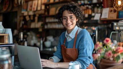 Wall Mural - young woman wearing glasses, focused on working on her laptop in a cozy café environment