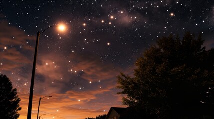 Wall Mural - Silhouette of suburban street lights on and dramatic Milky Way with nebula clouds --ar 16:9 --style raw --stylize 50 --v 6 Job ID: ab27a667-4ecf-4811-a5fa-b96ea1f6c4e2